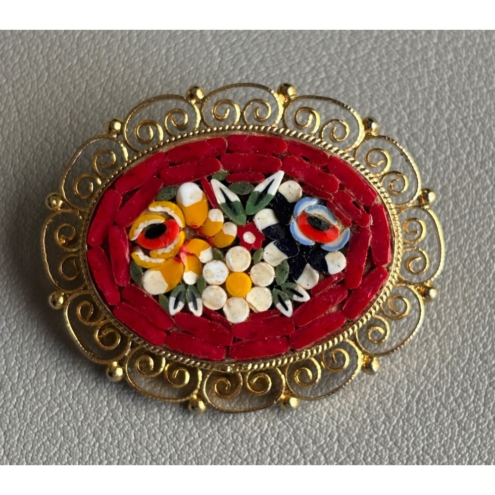 Vintage Micro Mosaic Red Gold Tone Filigree Floral Brooch